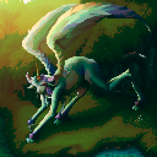 mystic druid wild woman unicorn faun hybrid, cloven hooves, showcasing its full body in pixel art style, human-unicorn hybrid