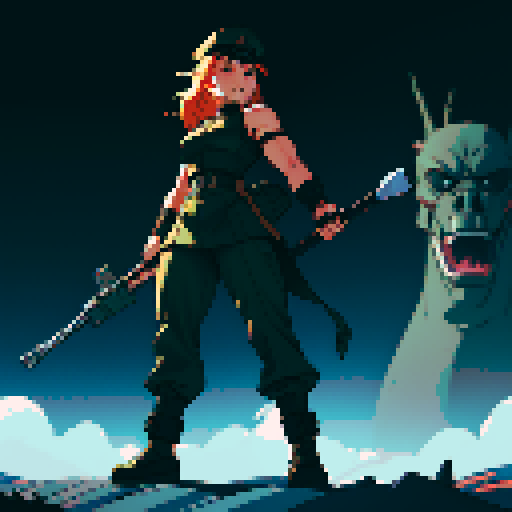 full-body image, muscle girl, female, thick biceps, big shoulders, big fists, muscular physique, thick waist, facing left, ready to fight, exaggerated proportions, black military uniform, black hat, military backdrop, sRGB, pixel art, army behind her, military behind her, army in background, army, soldiers, evil, dark, evil soldiers, nazi