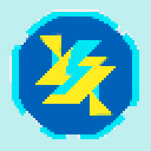 lightning bolt, pixel art, vibrant yellow and blue, clear lightning, sparks, clean and simple design, visually appealing, conveying power and electricity, easily recognizable icon, minimalistic style