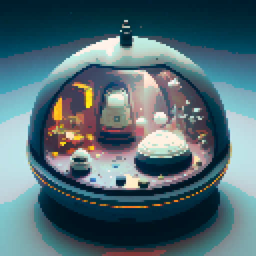 Inside of a sphere spaceship shaped like a gachapon with a clear top half looking out to space. dark metal alien theme
