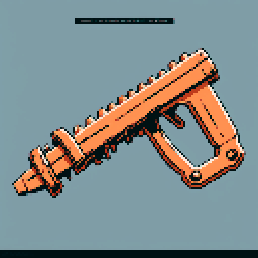I want a copper structure reminiscent of an magical chainsaw. It should have strange mechanical details that could interlock with other pieces. I also want this object usable an asset in a videogame, meaning only one object per image, outlined with a strong black stroke, on a solid-color background.