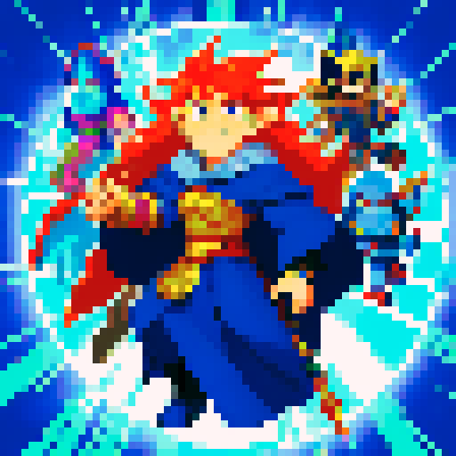 Four characters with unique features, portrayed as vibrant game icons in pixel art style, showcasing their distinctive traits and personalities: fiery-haired warrior, mysterious cloaked wizard, agile acrobat with a mask, mechanical cyborg with glowing eyes, ethereal elf with flowing hair, fierce fanged beast, armored knight with a shield, and a mischievous jester with a jingling hat
