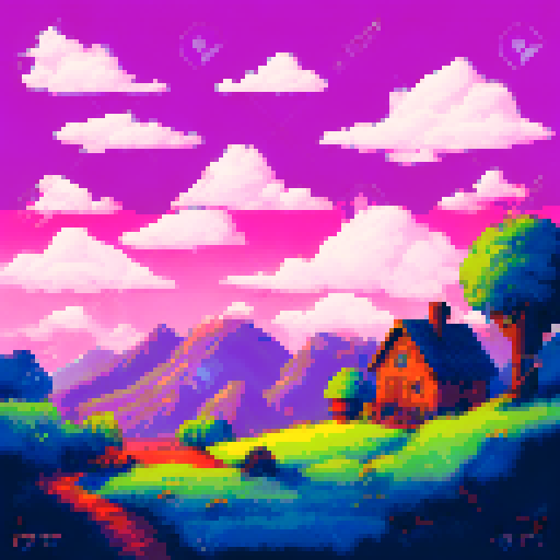 pastoral landscape, village, midnight, house with lights on and chimney, 