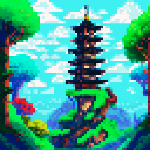 tall, ancient, japanese pagoda tower, towering above the lush, green forest, adorned with intricate, pixel art details, crowned by a majestic, green dragon, against a clear, sapphire blue sky, with a scattering of small, pixelated birds, captured from a ground-level perspective, showcasing the vibrant, sRGB colors of the landscape
