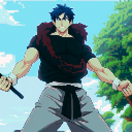 Best Quality,Anime Male,Dashing,Pixel art,weapon in hand,with creature attached to body