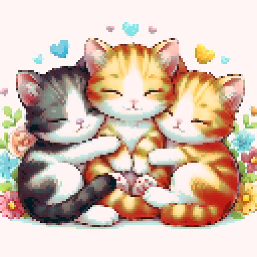 3 cute kitten cuddled together, in different colors, colorfull children's illustration