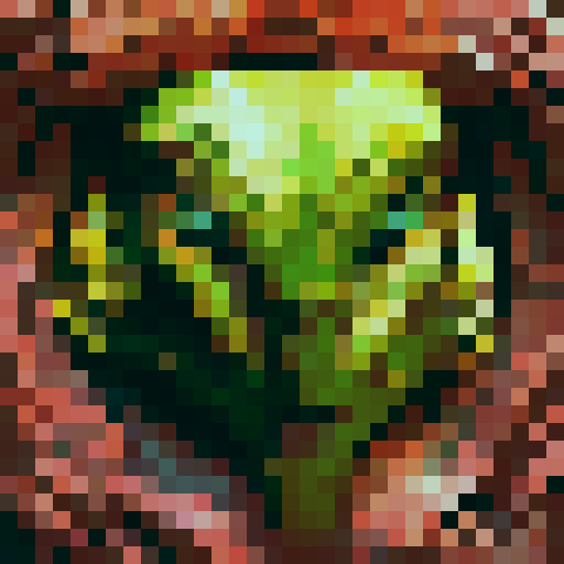 A twisted green Hei Tiki head, wide-eyed and contorted, exuding a mix of mischief and madness, stylized with bold lines and exaggerated features with dark brown māori carving background.