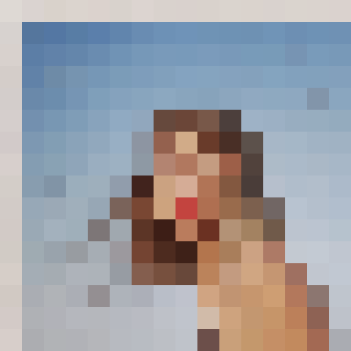 Taylor Swift with beach waves on the cover of the album "1989 (Taylor's Version)", wearing a retro white bikini, against a vibrant blue sky backdrop, capturing a close-up portrait in the style of a 16x16 game icon