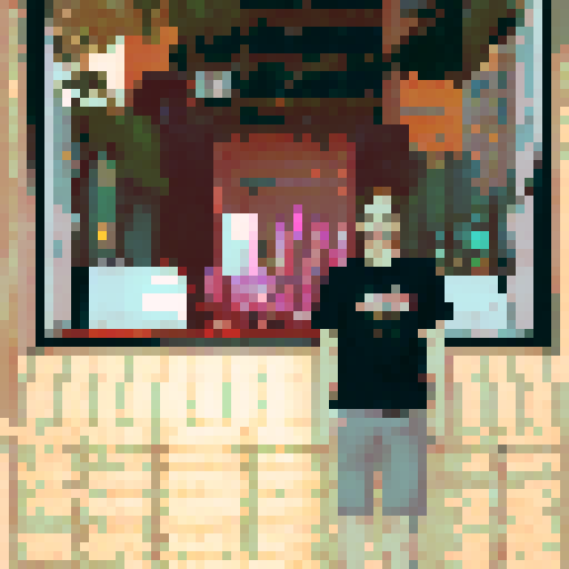 A vibrant, neon cityscape with towering skyscrapers and bustling streets, all in the iconic pixel art style of sRGB and set against a stunningly detailed sunset background