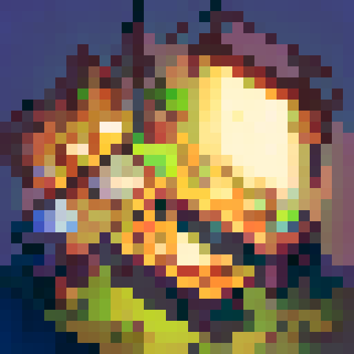 Cozy inn with dim lights and band of heroes sitting next to the table, pixel art 