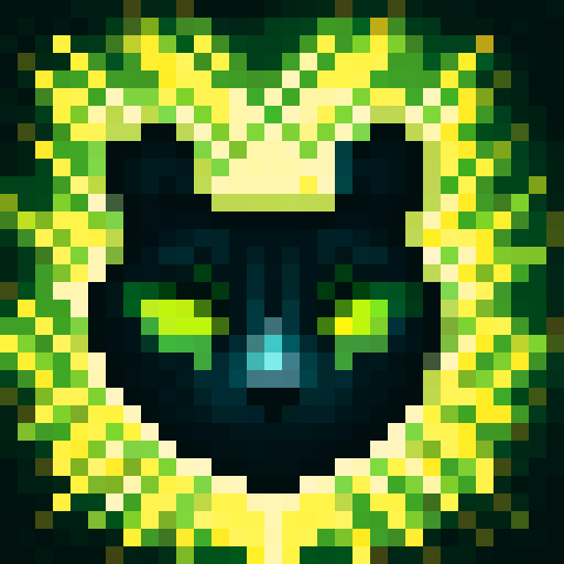 Black Cat face icon, scary, sRGB color, game icon, 32x32 pixel art, skill art, close up, portrait, glowing eyes, sharp fangs, intense expression, dark background, jagged whiskers, detailed fur pattern, eerie lighting