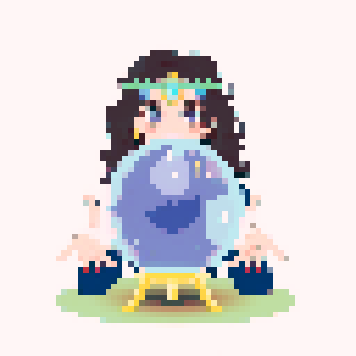 Young bohemian witch with eclectic fashion, staring into a crystal ball, point of view from the person receiving the fortune, adorned with floating candles and magical herbs.