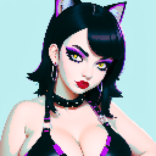 Cat girl, curvy, cute goth girl with black hair, purple eyeshadow, and red lipstick, wearing a bikini, studded collar, in a glamour shot, sRGB color