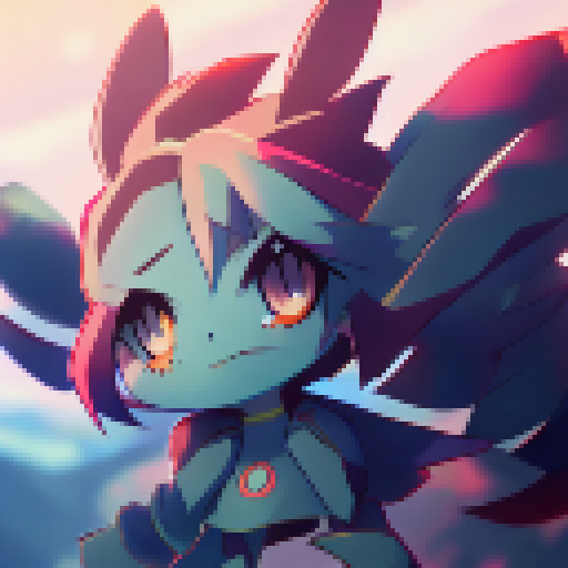 Bunny, big-eyed and kawaii, brandishing a sleek and shiny handgun, set against a vibrant, color-saturated anime background.