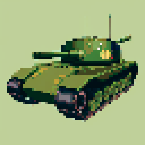 top-down pixel art sprite, World War II army tank, sleek olive green body, rugged tank treads, rotating turret, menacing barrel, pixel art, sRGB, game asset