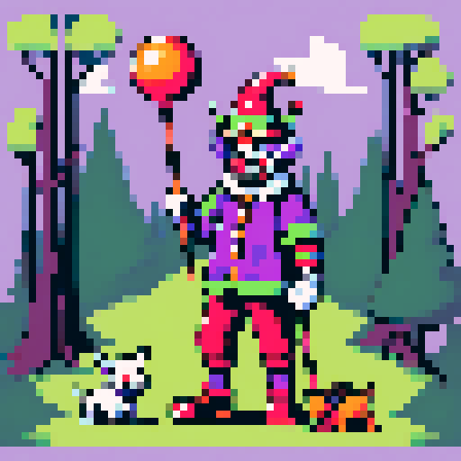clown with purple and green jester hat, bells, pixel art, a fireball and a staff, in a forest and with a bull dog next to it.