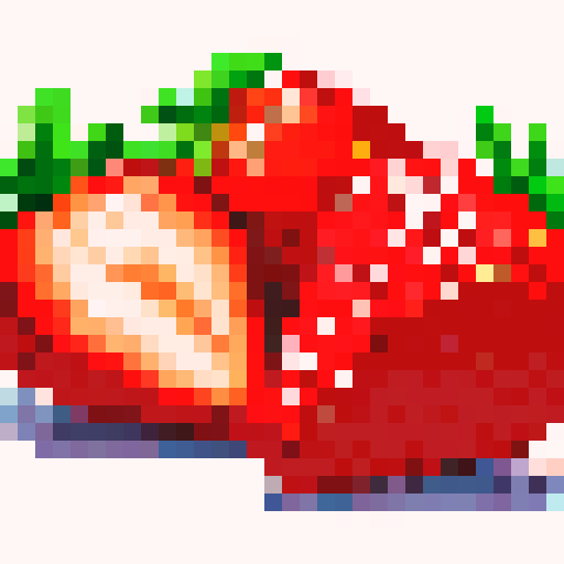 Vibrant red, juicy strawberries with green stems and leaves, rendered in pixel art style with bright sRGB colors