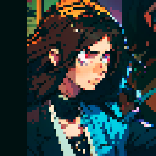 long brown haired man, disheveled appearance, wide-eyed, frenetic energy, dilated pupils, sleep-deprived, dark circles under eyes, animated expressions, exaggerated hand gestures, vibrant colors, jagged edges, pixelated representation, 8-bit aesthetic, retro-inspired, sRGB color palette