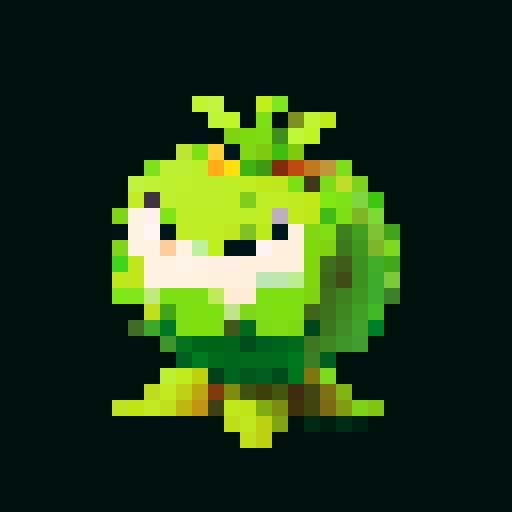 A slightly larger plant-like creature with more defined features, bark-like skin, and budding flowers. It has a friendly expression and a sturdy build. No background.
