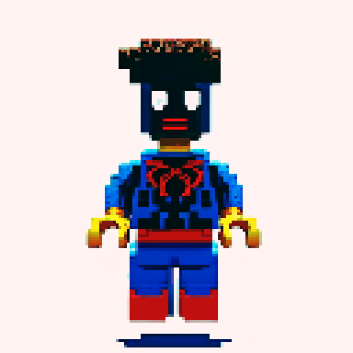 spiderman swinging through a pixelated cityscape, his Lego-like figure blending seamlessly into the vibrant, retro-inspired pixel art style of sRGB
