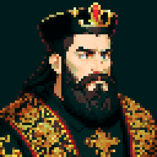 king, regal, black crown, majestic, stoic expression, sharp features, beard, silver accents, royal robe, intricate embroidery, game icon, 32x32 pixel art, sRGB, skill art, close up, portrait