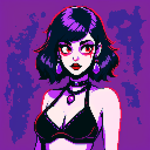 curvy, busty goth girl , whole head portrait, black hair, purple eyeshadow, red lipstick, wearing bikini, studded collar, glamour shot, vibrant srgb colors, edgy aesthetic