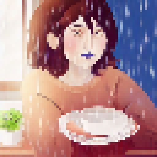 Serious-looking person in a cozy house with rain pouring outside, surrounded by warm colors and rustic textures.