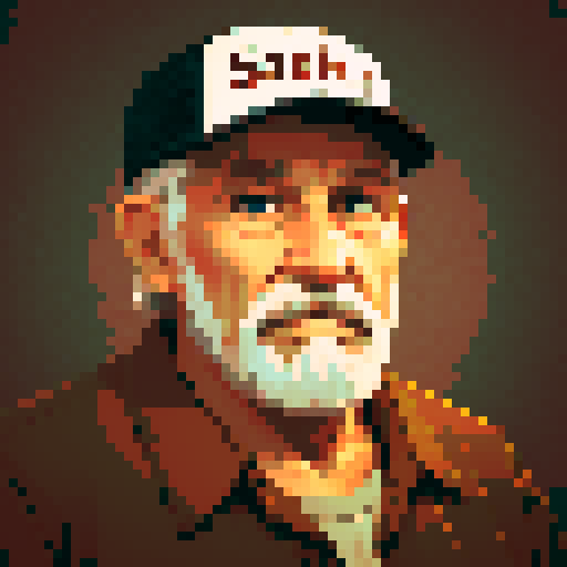 portrait, sprite art, old man, store clerk, rustic, soft eyes, trucker, smoker