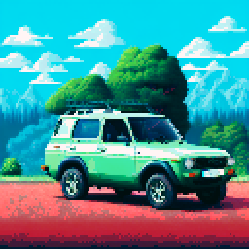 Photorealistic, centered old Lada Niva in a three quarter view, right wheel in front, clean background, pixel art style with sRGB colors