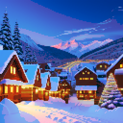 snow-covered rooftops, smoke rising from chimneys, snow-capped mountains, narrow cobblestone streets, frosted windows, glowing fireplaces, pine trees adorned with colorful lights, cozy wooden cabins
