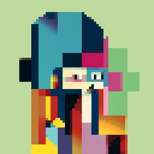Pablo Picasso character, vibrant colors, abstract shapes, exaggerated facial features, cubist elements, pixel art