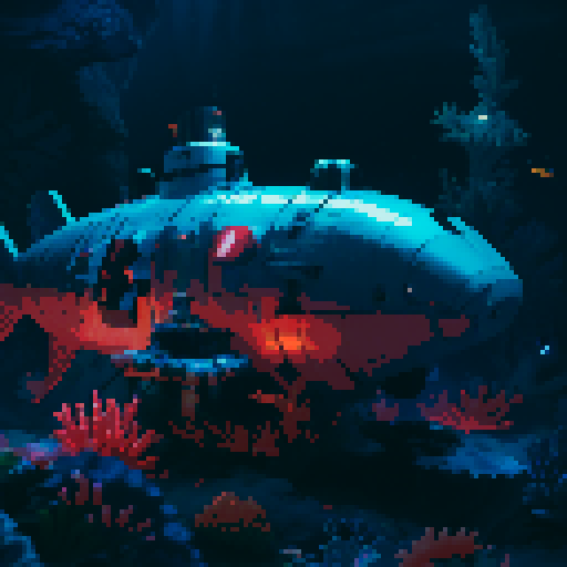 submarine, underwater, colorful, vibrant, retro, 8-bit, pixelated, deep sea, coral reefs, marine life, illuminated, glowing, exploration, portholes, periscope, propellers, mechanical, rivets, vintage, nostalgic