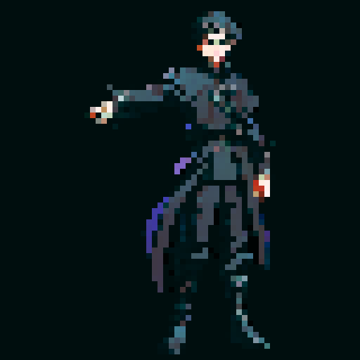 male character, pixel art sprite, black clothing, neutral pose, neutral facial expression, sRGB palette, unlit