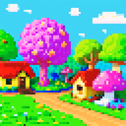 pixel art landscape with tall, vibrant trees, whimsical mushrooms, cozy houses, and colorful flowers