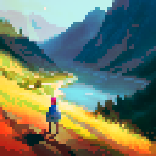 a travler wearing coat, watching sun rise from distance mountain, a road expand the horizon, casting a warm, orange glow, all depicted in a realistic, oil painting style.