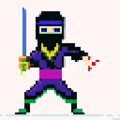 Ninja jumping in a vibrant, pixelated world with dynamic shadows and bold colors