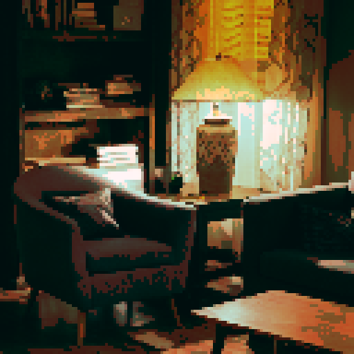 pixel art, sRGB, background, landscape, cozy apartment, single seat couch, coffee table, bookshelf, various books