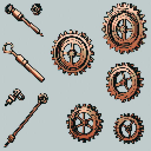 I want a copper gear that looks like it was made by a master clockmaker. It should have strange mechanical details that could interlock with each other. I also want this object usable an asset in a videogame, meaning only one object per image, outlined with a strong black stroke, on a solid-color background.