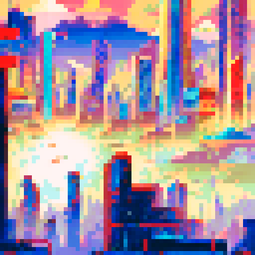 A vibrant, neon cityscape with towering skyscrapers and bustling streets, all in the iconic pixel art style of sRGB and set against a stunningly detailed sunset background