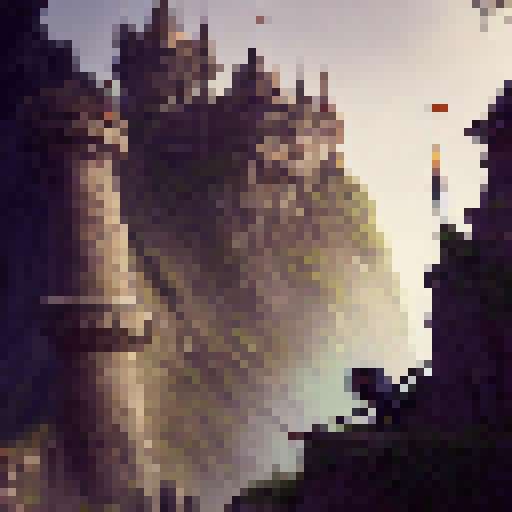 Sunglass-wearing monkey wielding a magical staff, standing atop a castle tower, overlooking a sprawling fantasy kingdom.