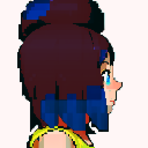 Side profile of a whimsical, blue-haired character with vibrant, pixelated features, set against a backdrop of a retro, sRGB color palette
