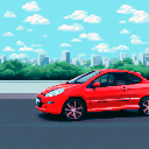 Photorealistic whole Peugeot 206, three-quarter view, right front wheel, clean background, sRGB colors, pixel art style
