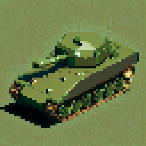 top-down pixel art sprite, World War II army tank, bird's eye view, sleek olive green body, rugged tank treads, rotating turret, menacing barrel, pixel art, sRGB, game asset