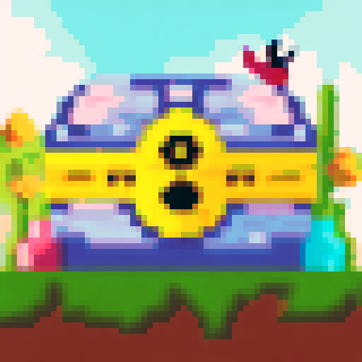 Create a pixel art treasure chest icon with a bee theme, front view only, to match reference images. Use golden-yellow and black, with honeycomb texture and bee details. Pixel art style should look like the reference image