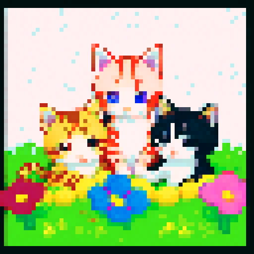 adorable kittens playing with colorful yarn, surrounded by vibrant flowers in a pixelated garden