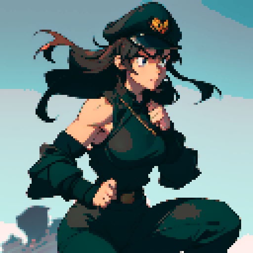 full-body image, muscle girl, female, thick biceps, big shoulders, big fists, muscular physique, thick waist, facing left, ready to fight, exaggerated proportions, black military uniform, black hat, military backdrop, sRGB, pixel art, no background, no backdrop, facing left, fists raised, ready to fight, full-body