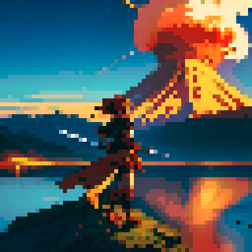 Anime warrior on an adventure with a volcano in the background. The warrior is holding a sword. 