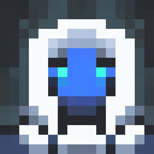 Create a 16x16 pixel portrait of an Avatar with glowing blue eyes, metallic armor, and a feathered cloak, standing on a floating rock island amidst a sea of clouds.