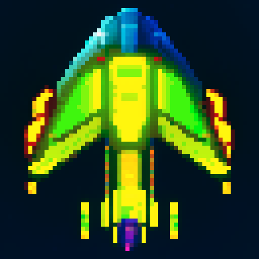 spaceship, overhead view, retro pixel art, vibrant colors, sleek design, glowing thrusters, transparent background, futuristic technology, metallic hull, intricate details, cockpit window