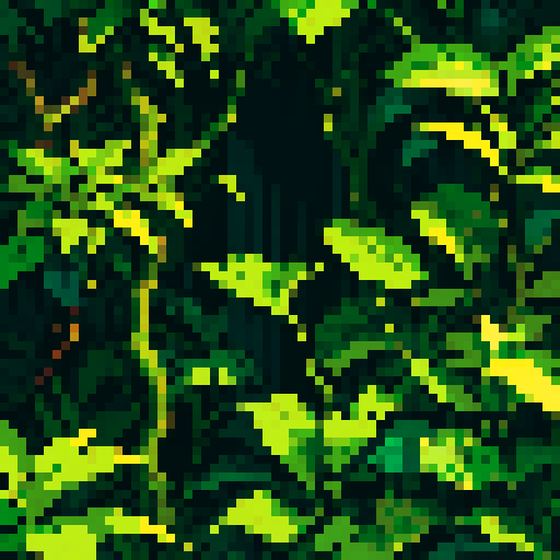 jungle with lush foliage, vibrant colors, hanging vines, dense shadows, pixelated details, sRGB color palette